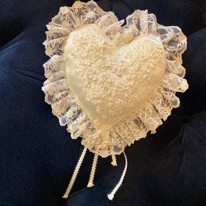 Wedding ring bearers heart shaped pillow hand beaded French lace and ivory satin